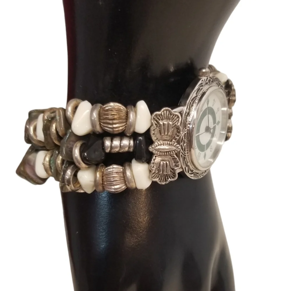 NATIVE AMERICAN STYLE SILVERTONED, GEMSTONE & ABALONE SHELL BAND LADIES WATCH